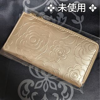 ★未使用★カメリア 花柄 型押し L字 ファスナー 財布 シャンパンゴールド