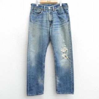 W34★古着 ジーンズ Levis リーバイス 505 メンズ ヒゲ コットン 紺 ネイビー デニム 25feb01 中古 ボトムス ジーパン Gパン ロング パンツ